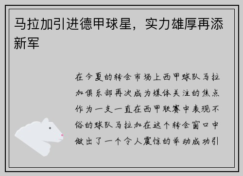 马拉加引进德甲球星，实力雄厚再添新军