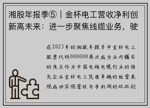 湘股年报季⑤｜金杯电工营收净利创新高未来：进一步聚焦线缆业务，驶向行业巅峰